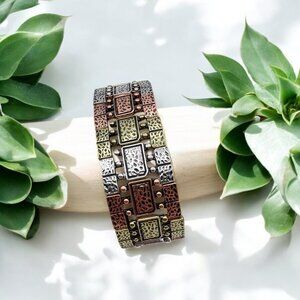 Tri Tone Metal Stretch Bracelet with Textured Panels Copper Silver Gold Tones